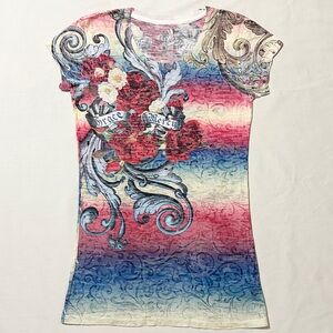 Witness S/S Red/Yellow/Blue Striped Rhinestone Studded Burnout T-shirt - XL